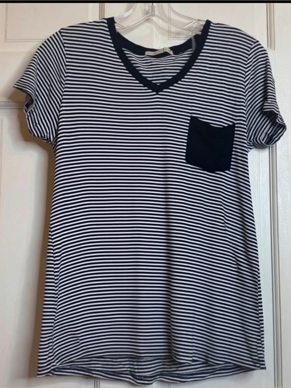 Active Basic Black and White Striped Pocket Tee